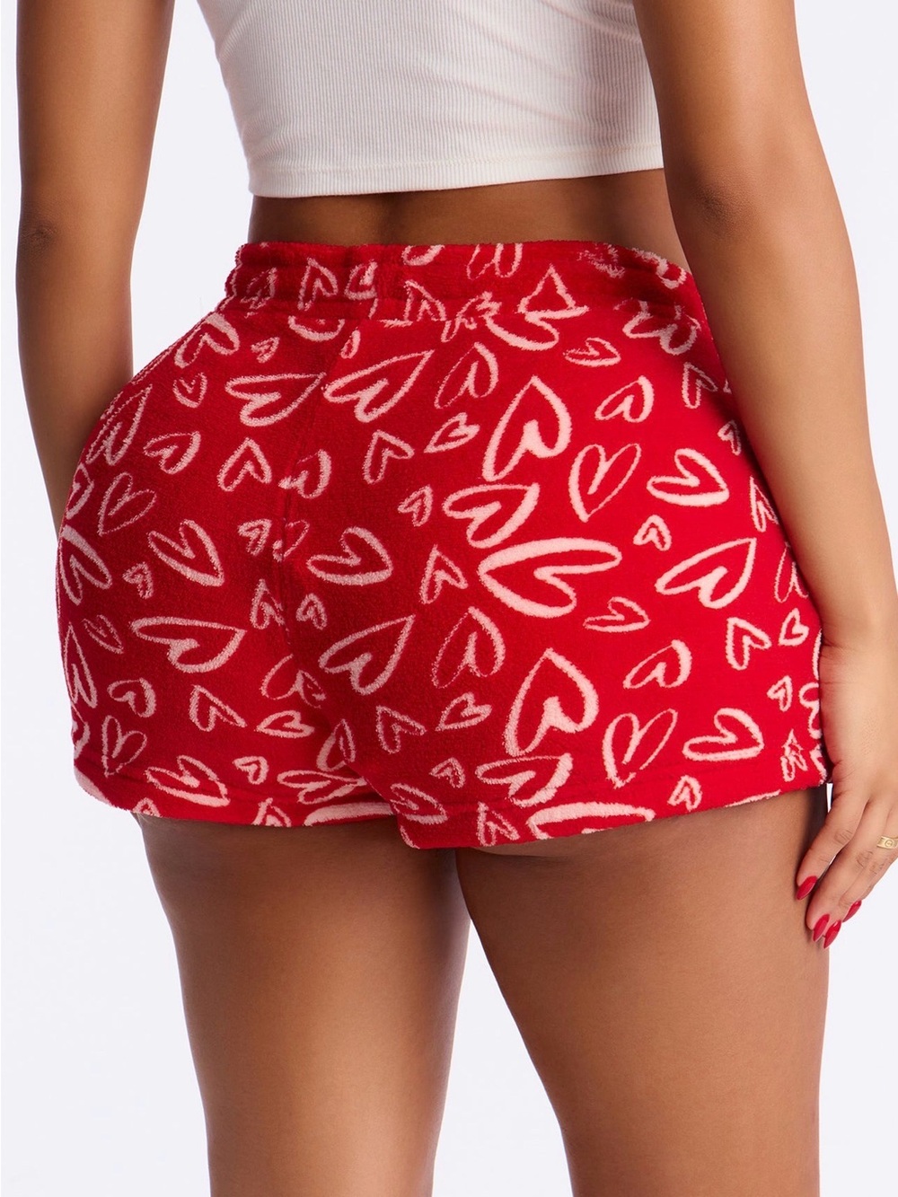 All My Love Red & White Heart Print Cozy Lounge Shorts - Picture 3 of 5